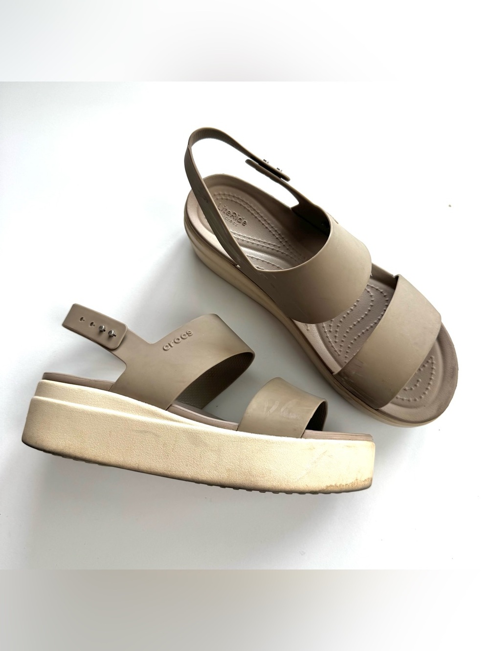 Crocs Brooklyn Sandals Women's 8 Taupe Mushroom Low Wedge Heel Plaform Slingback